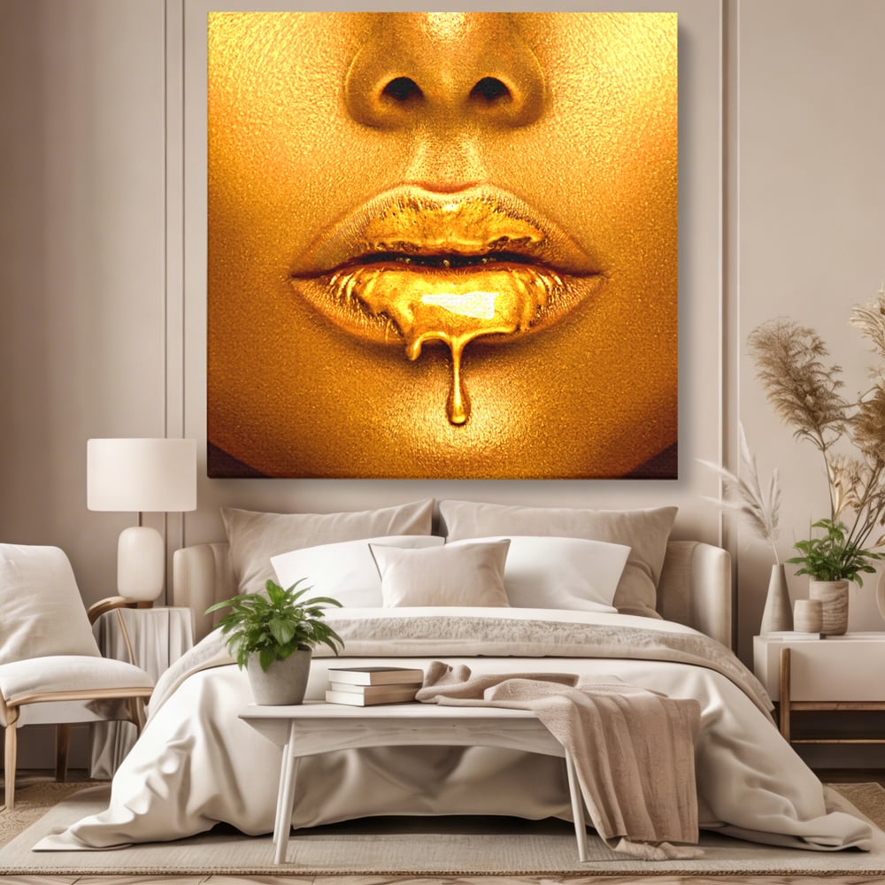 Tablou canvas cu tablou canvas cu buze aurii si luci, fara rama, pe sasiu de lemn, pe perete intr-un dormitor